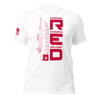 White Army R.E.D. T-shirt front presenting red vertical “Remember Everyone Deployed” design