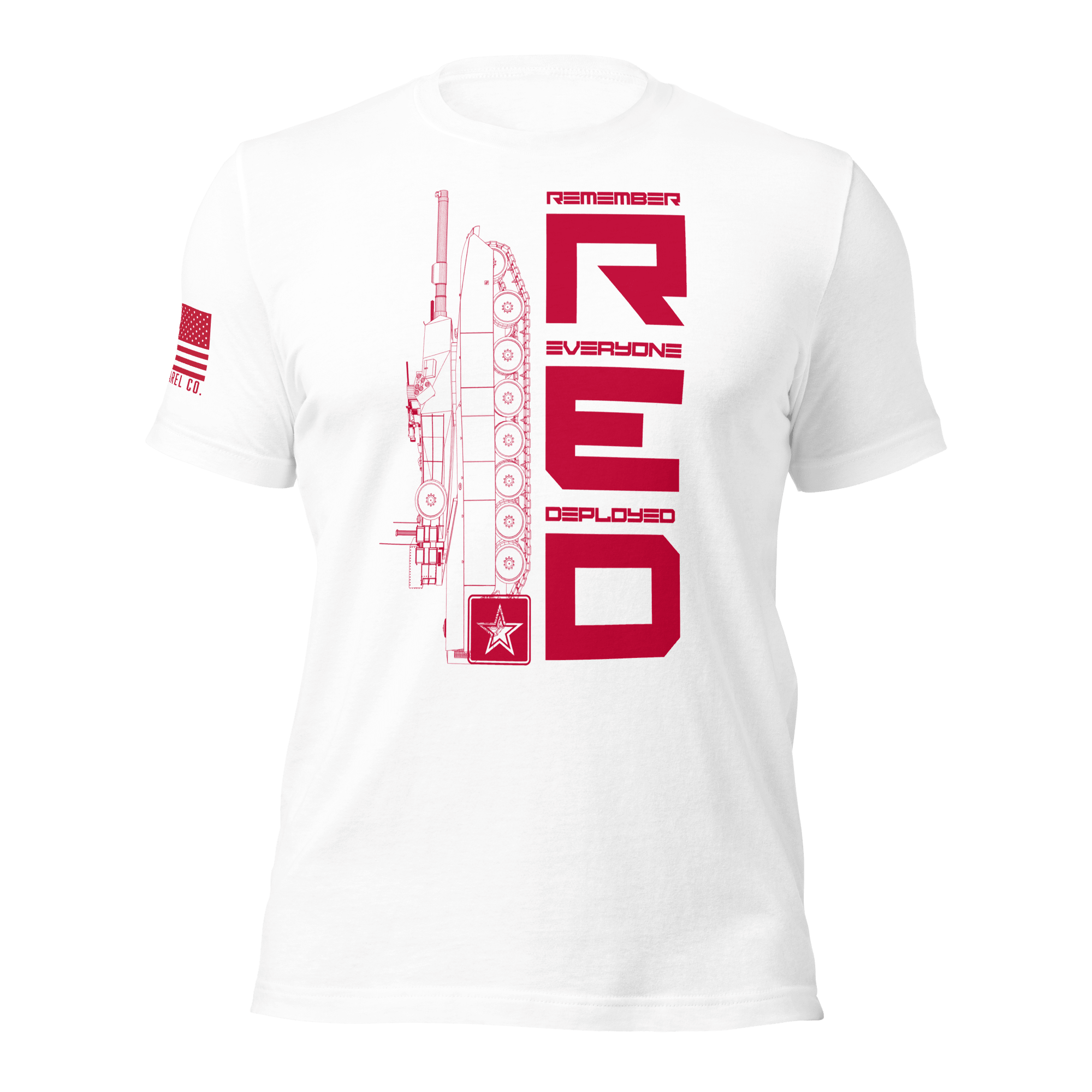 White Army R.E.D. T-shirt front presenting red vertical “Remember Everyone Deployed” design