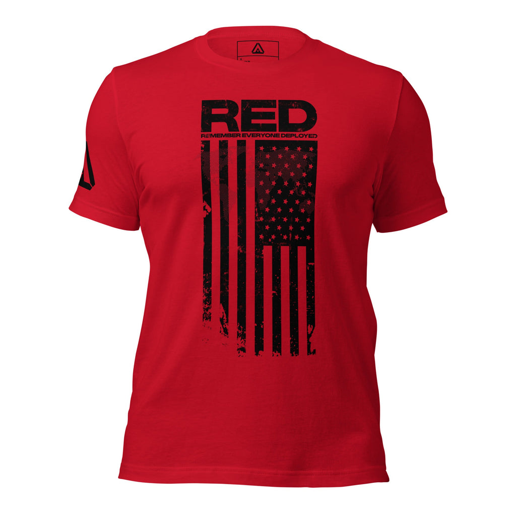 Red t-shirt front view, featuring a black "RED" graphic, American flag design, and DIA logo on the sleeve.