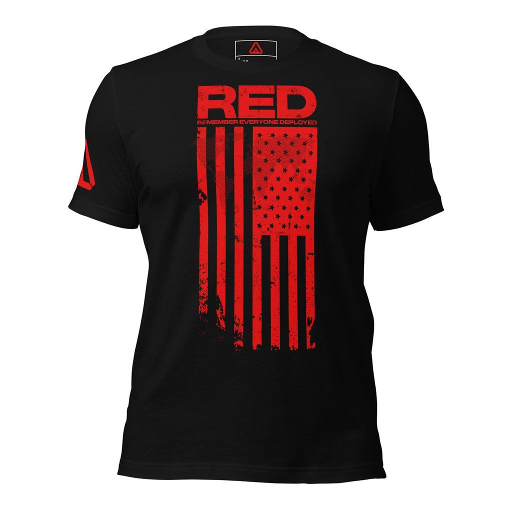 Black t-shirt front view, with a red "RED" graphic, American flag design, and DIA logo on the right sleeve.