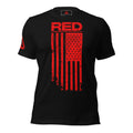 Black t-shirt front view, with a red "RED" graphic, American flag design, and DIA logo on the right sleeve.