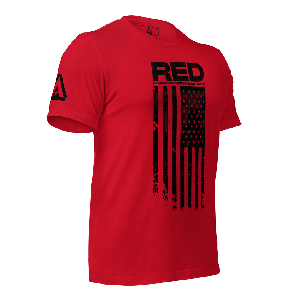 Red t-shirt angled left, featuring a black "RED" graphic, American flag design, and DIA logo on the sleeve.