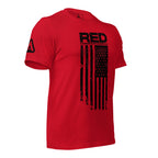Red t-shirt angled left, featuring a black "RED" graphic, American flag design, and DIA logo on the sleeve.