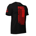 Black t-shirt angled left, featuring a red "RED" graphic, American flag design, and DIA logo on the sleeve.