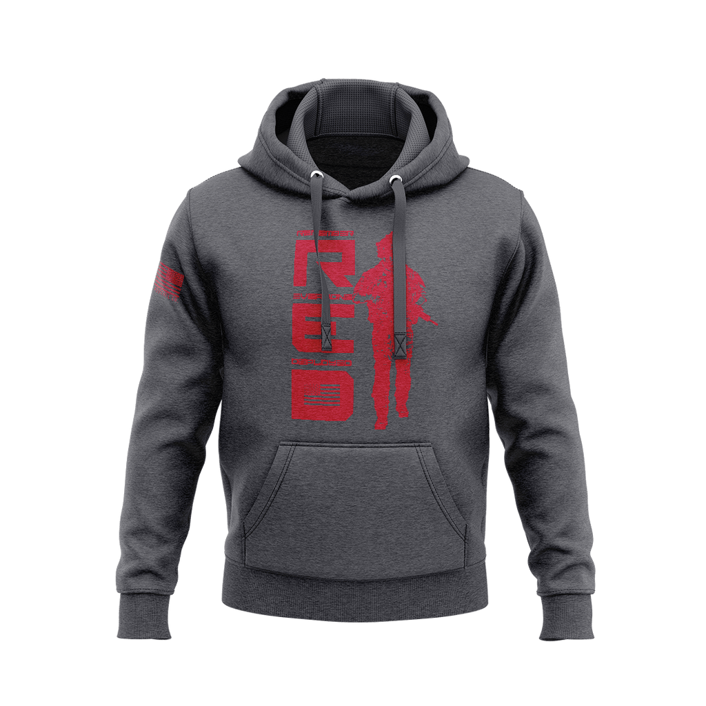 Charcoal hoodie, front view, featuring a red vertical "RED" graphic with a soldier and an American flag on the sleeve.