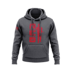Charcoal hoodie, front view, featuring a red vertical "RED" graphic with a soldier and an American flag on the sleeve.