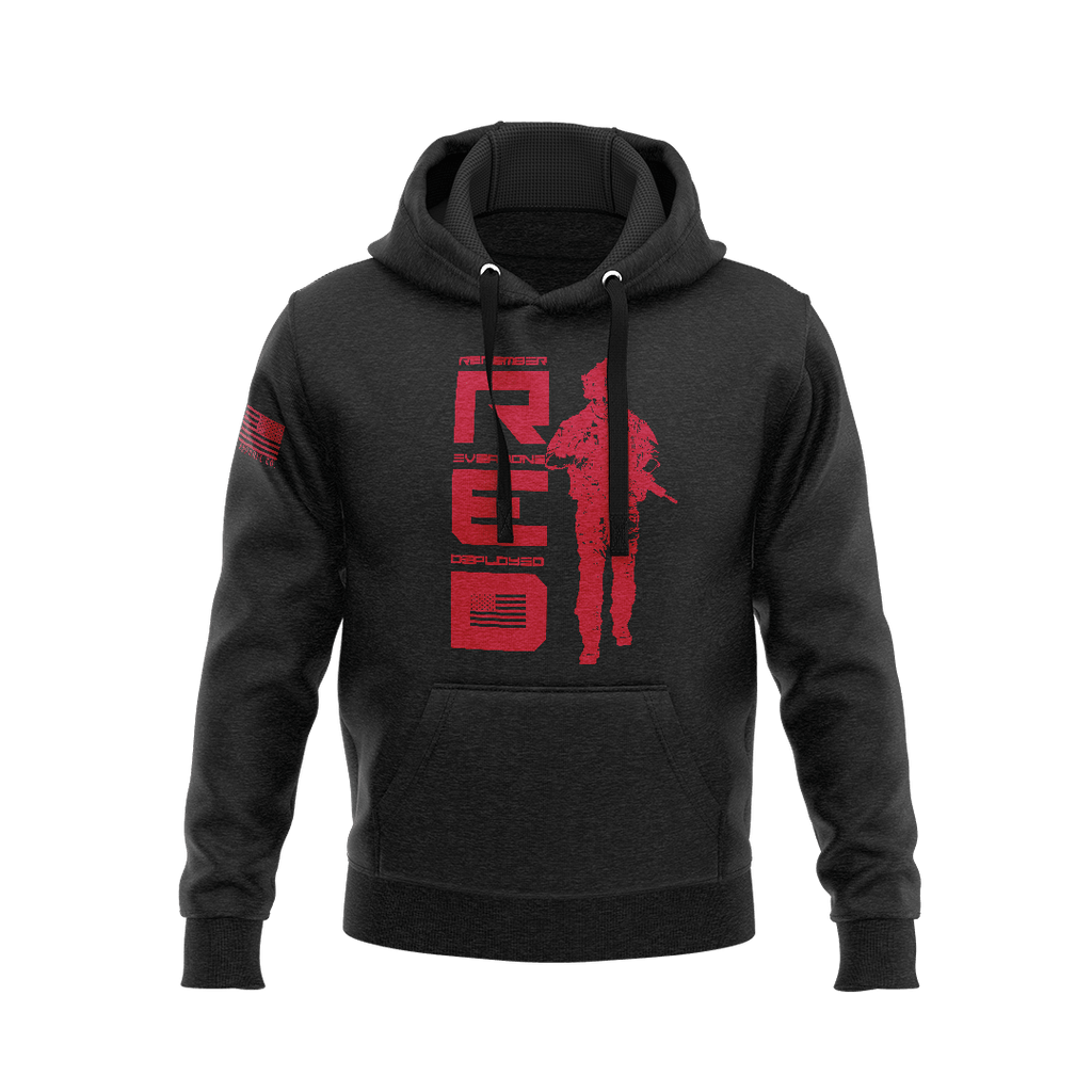 Black hoodie, front view, featuring a red vertical "RED" graphic with a soldier and an American flag on the sleeve.