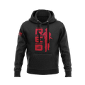 Black hoodie, front view, featuring a red vertical "RED" graphic with a soldier and an American flag on the sleeve.