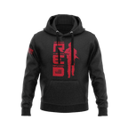 Black hoodie, front view, featuring a red vertical "RED" graphic with a soldier and an American flag on the sleeve.