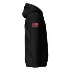 Black hoodie shown from the side, featuring a red American flag above the text "DIA APPAREL CO." on the sleeve.