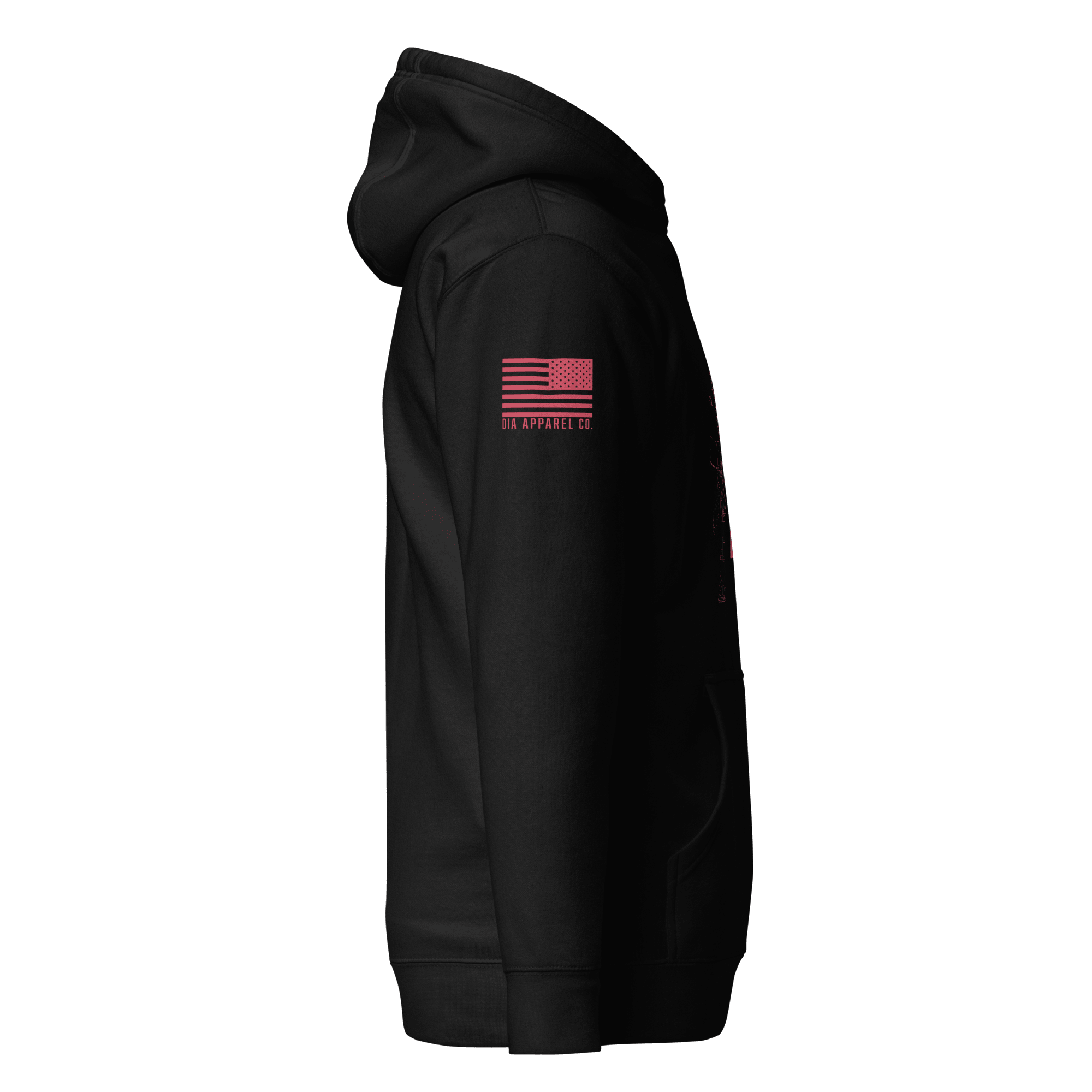Black hoodie shown from the side, featuring a red American flag above the text "DIA APPAREL CO." on the sleeve.