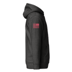 Charcoal heather hoodie shown from the side, featuring a red American flag on the sleeve.