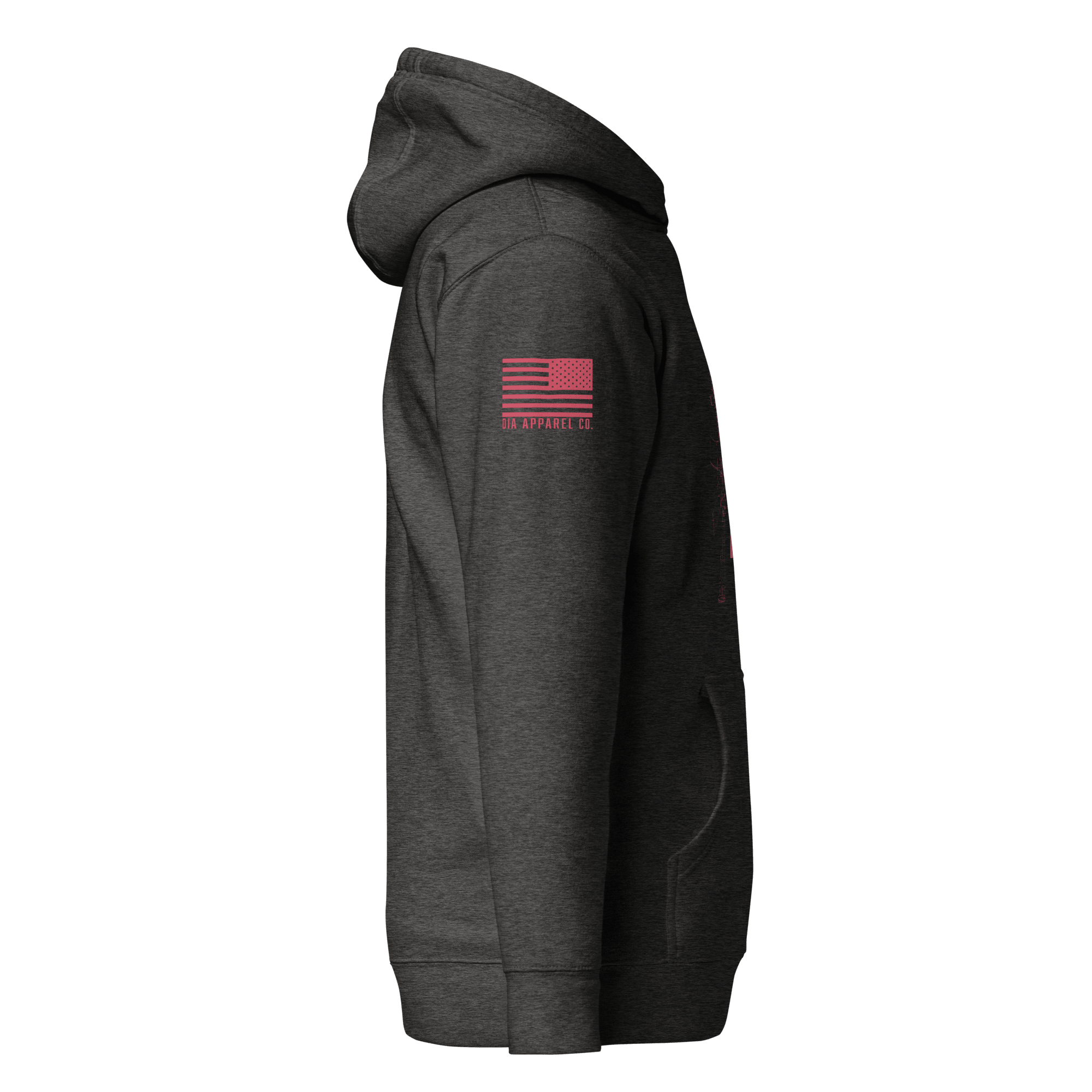 Charcoal heather hoodie shown from the side, featuring a red American flag on the sleeve.