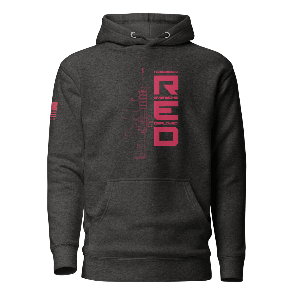 Charcoal heather hoodie with pink "RED" graphic, rifle line art, and American flag on the sleeve.