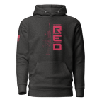 Charcoal heather hoodie with pink "RED" graphic, rifle line art, and American flag on the sleeve.