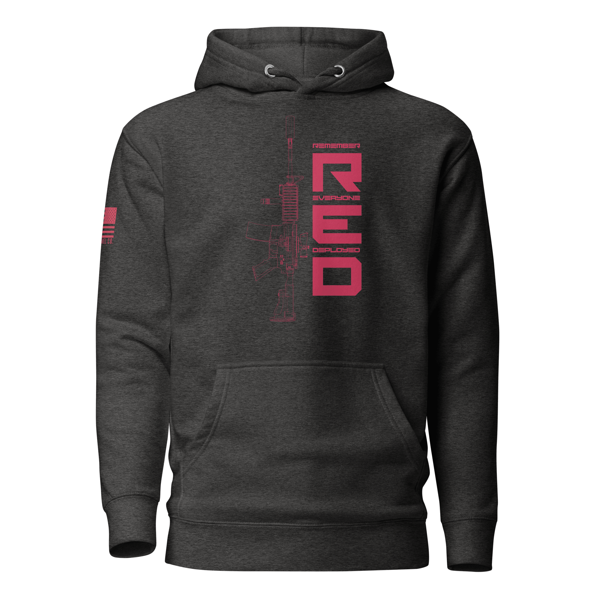 Charcoal heather hoodie with pink "RED" graphic, rifle line art, and American flag on the sleeve.