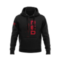 Black hoodie showcasing vertical red "RED" text, rifle outline chest graphic, and right sleeve American flag patch.