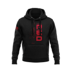 Black hoodie showcasing vertical red "RED" text, rifle outline chest graphic, and right sleeve American flag patch.