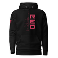 Black hoodie with pink "RED" graphic, rifle line art, and American flag on the sleeve.