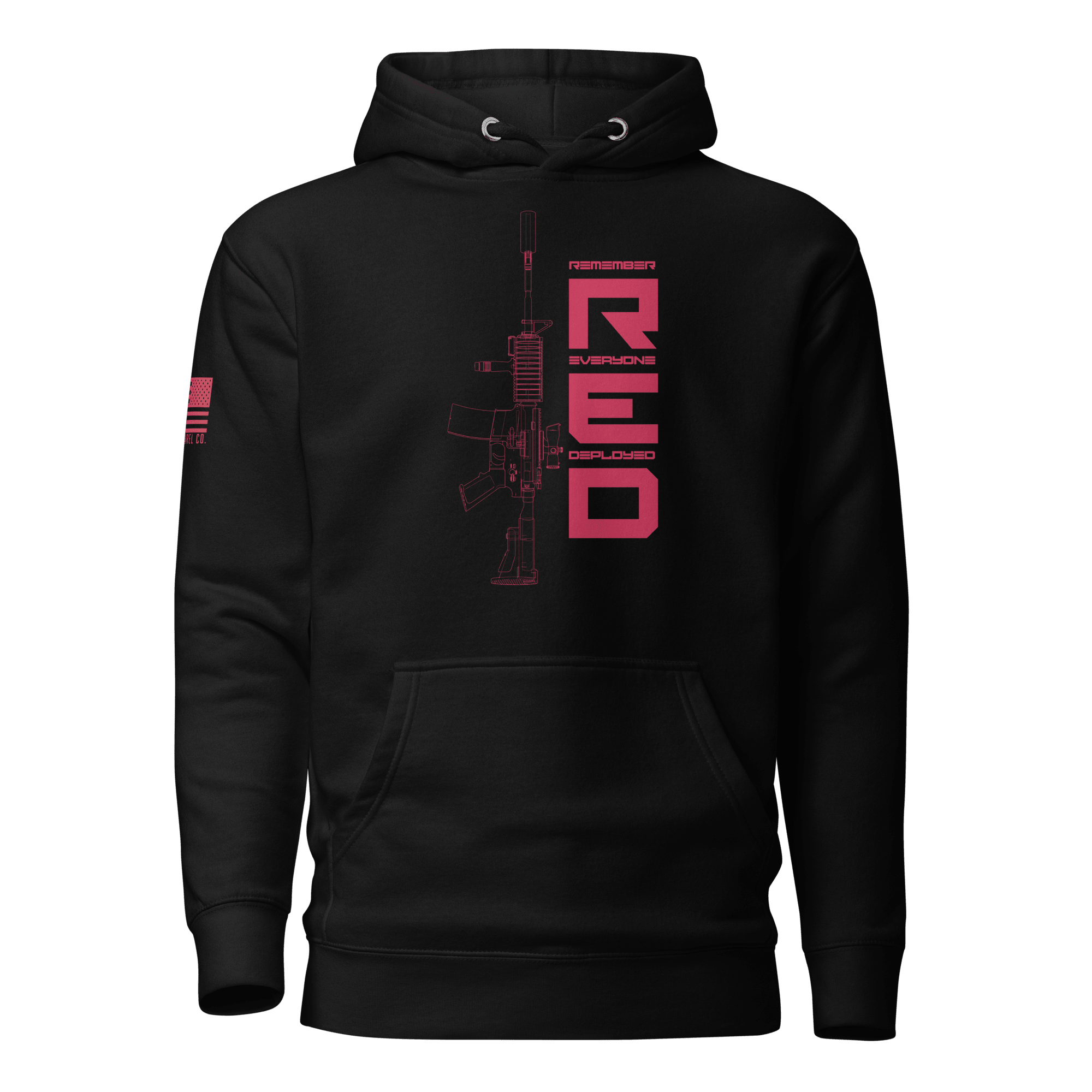Black hoodie with pink "RED" graphic, rifle line art, and American flag on the sleeve.