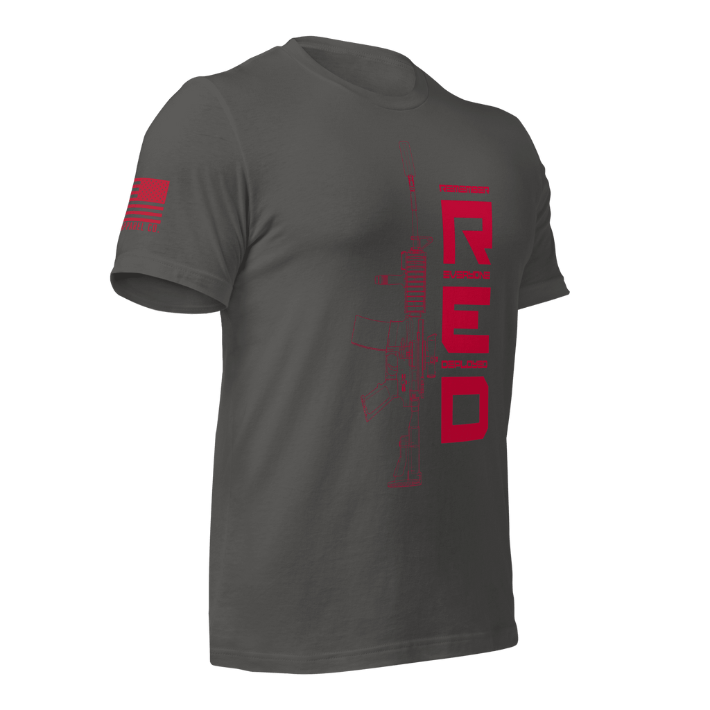 Asphalt t-shirt shown from a three-quarter view, featuring a red "RED" graphic, rifle art, and American flag on the sleeve.