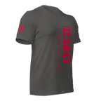 Asphalt t-shirt shown from a three-quarter view, featuring a red "RED" graphic, rifle art, and American flag on the sleeve.