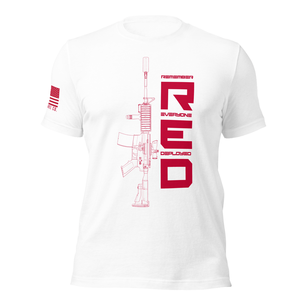 White t-shirt featuring a red graphic and rifle line art, with an American flag on the sleeve.