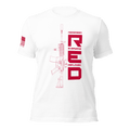 White t-shirt featuring a red graphic and rifle line art, with an American flag on the sleeve.