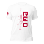 White t-shirt featuring a red graphic and rifle line art, with an American flag on the sleeve.