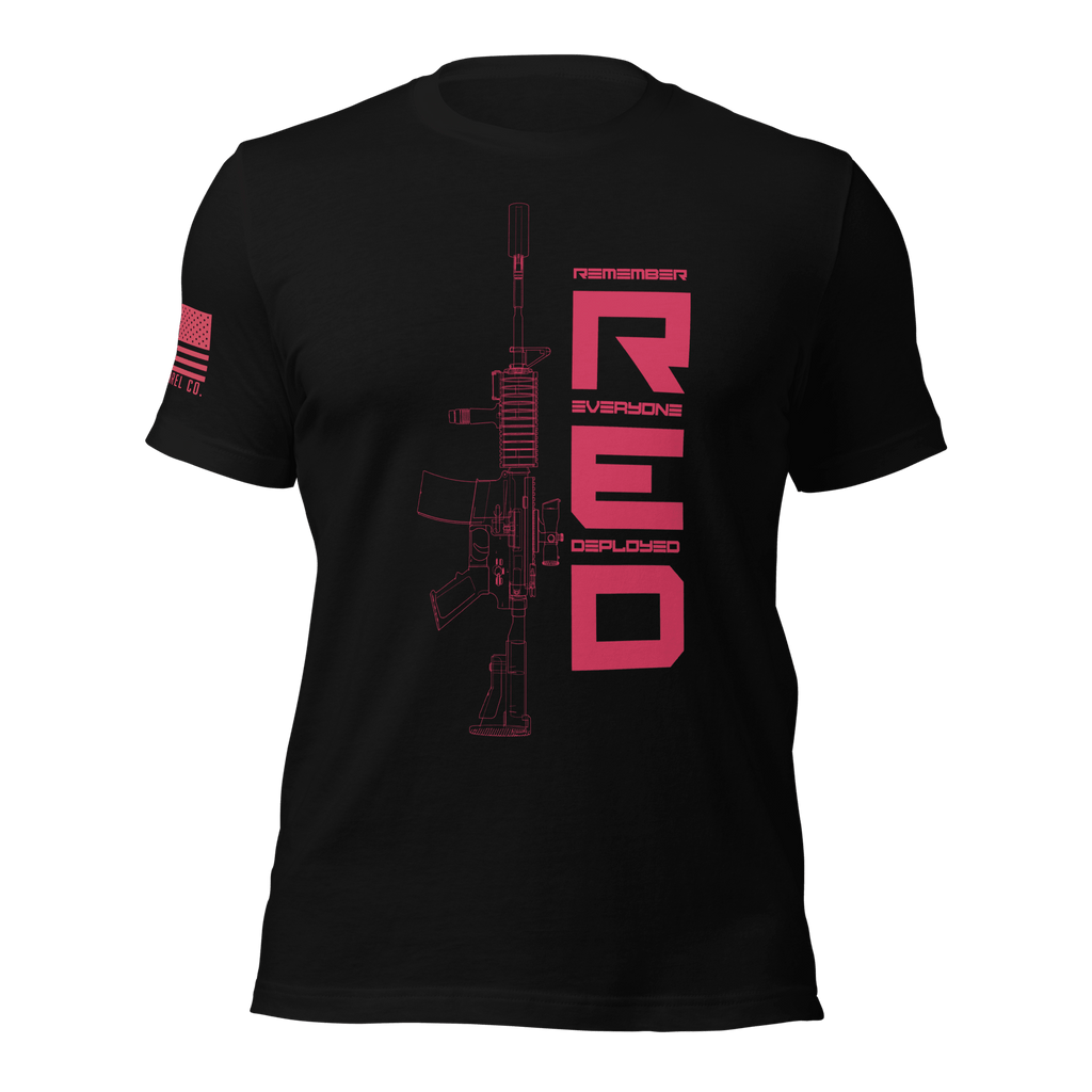 Black t-shirt featuring a red graphic and rifle line art, with an American flag on the sleeve.