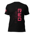 Black t-shirt featuring a red graphic and rifle line art, with an American flag on the sleeve.