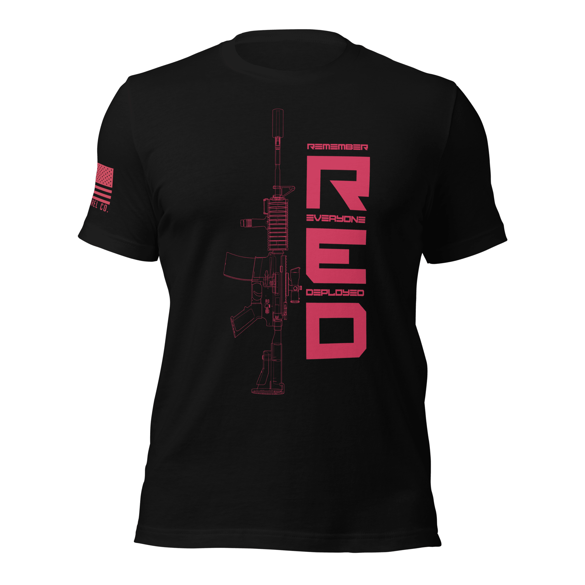 Black t-shirt featuring a red graphic and rifle line art, with an American flag on the sleeve.