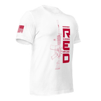 White t-shirt in a three-quarter view, featuring a red graphic and rifle art, with an American flag on the sleeve.