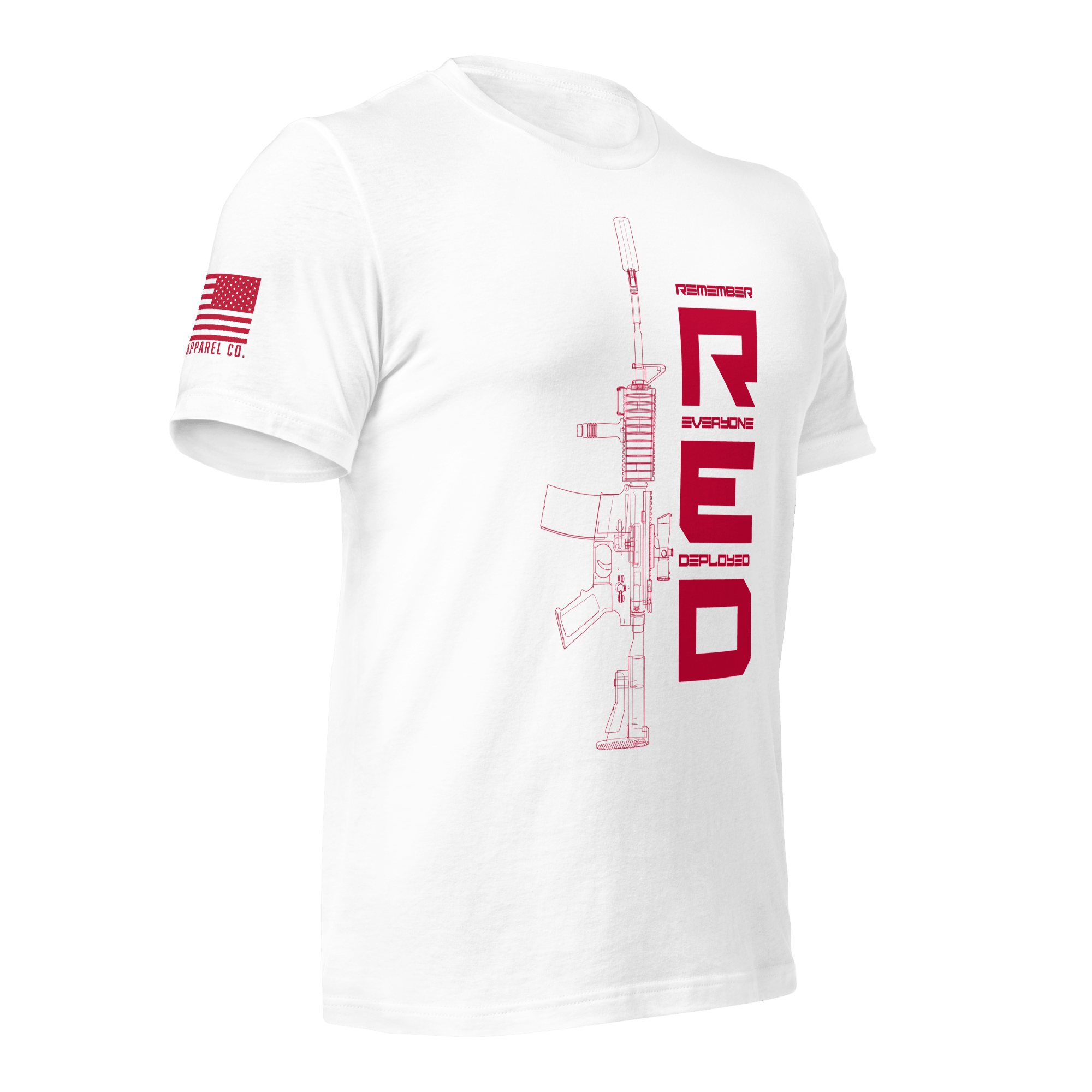 White t-shirt in a three-quarter view, featuring a red graphic and rifle art, with an American flag on the sleeve.