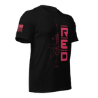 Black t-shirt in a three-quarter view, featuring a red "RED" graphic, rifle art, and American flag on the sleeve.