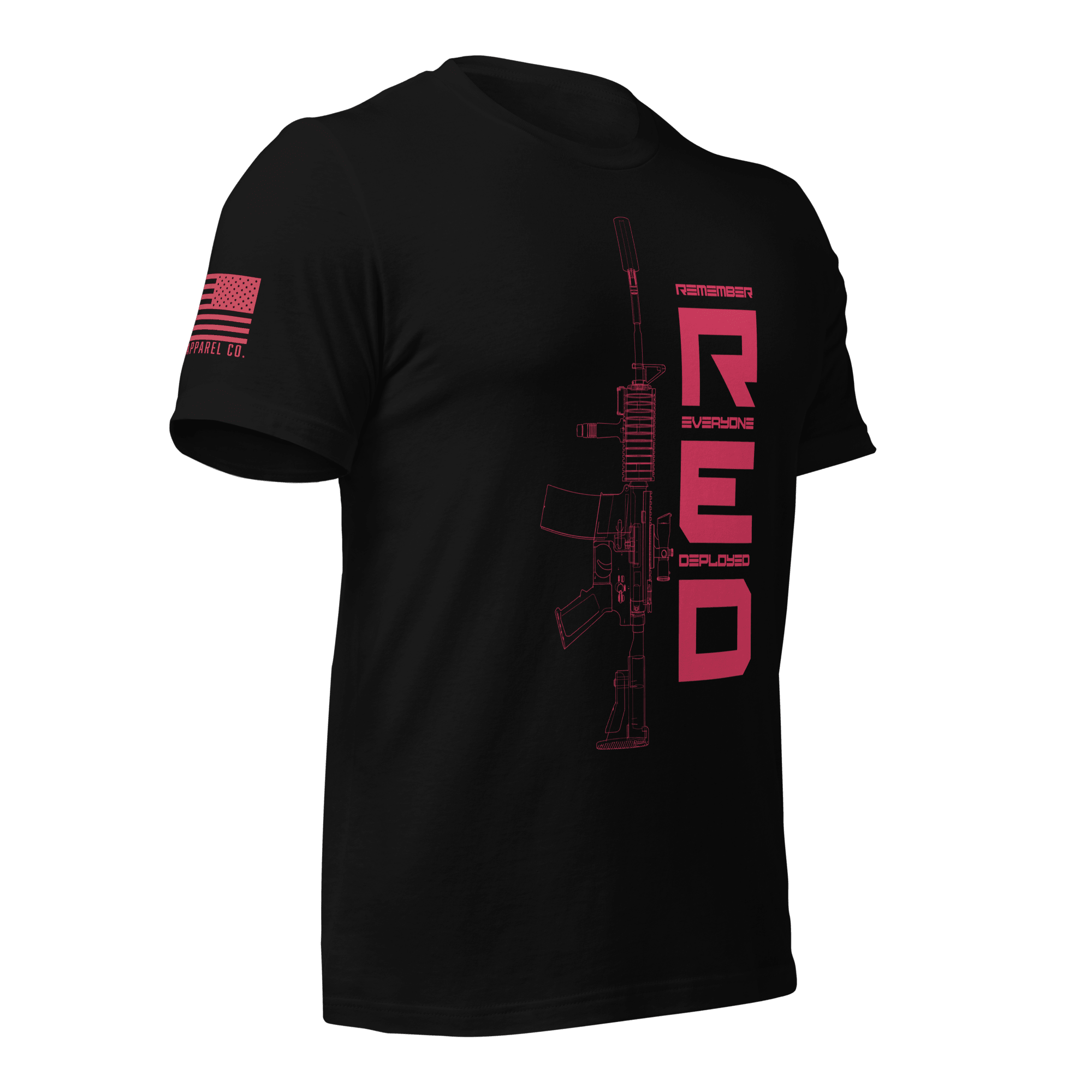 Black t-shirt in a three-quarter view, featuring a red "RED" graphic, rifle art, and American flag on the sleeve.