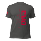 Asphalt t-shirt featuring a red "RED" graphic and rifle line art, with an American flag on the sleeve.