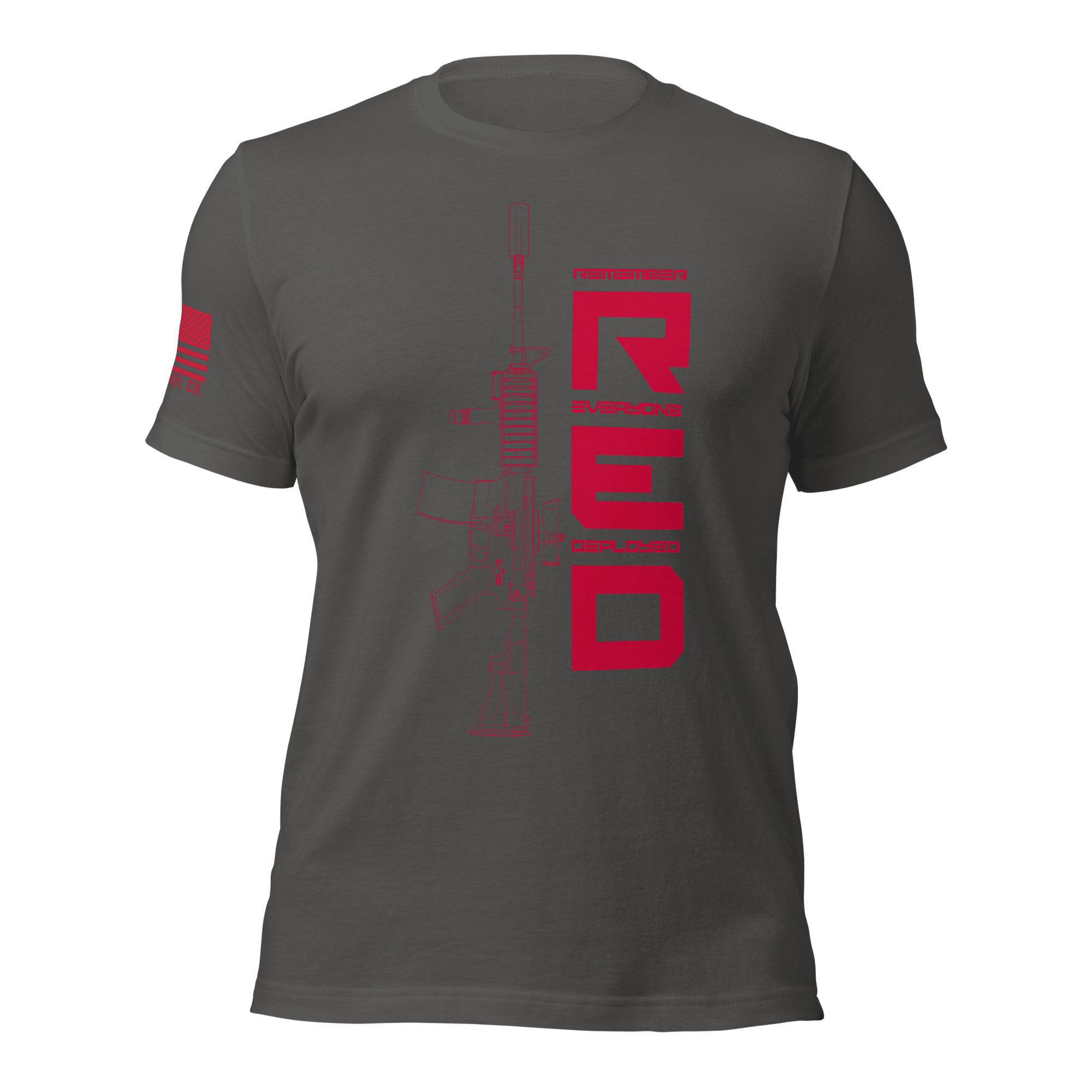Asphalt t-shirt featuring a red "RED" graphic and rifle line art, with an American flag on the sleeve.