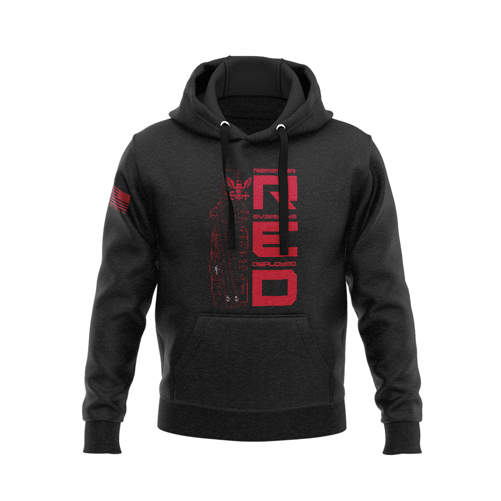 Black hoodie, front view, featuring a red vertical "RED" graphic with a ship and an American flag on the sleeve.