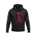 Black hoodie, front view, featuring a red vertical "RED" graphic with a ship and an American flag on the sleeve.