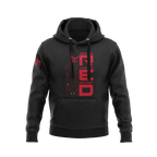 Black hoodie, front view, featuring a red vertical "RED" graphic with a ship and an American flag on the sleeve.
