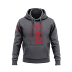 Charcoal hoodie, front view, featuring a red vertical "RED" graphic with a ship and an American flag on the sleeve.