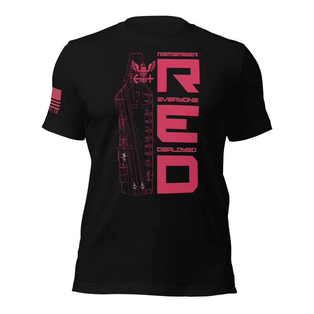 Black “Remember Everyone Deployed R.E.D.” Navy T-shirt front with red vertical R.E.D. graphic