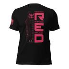 Black “Remember Everyone Deployed R.E.D.” Navy T-shirt front with red vertical R.E.D. graphic