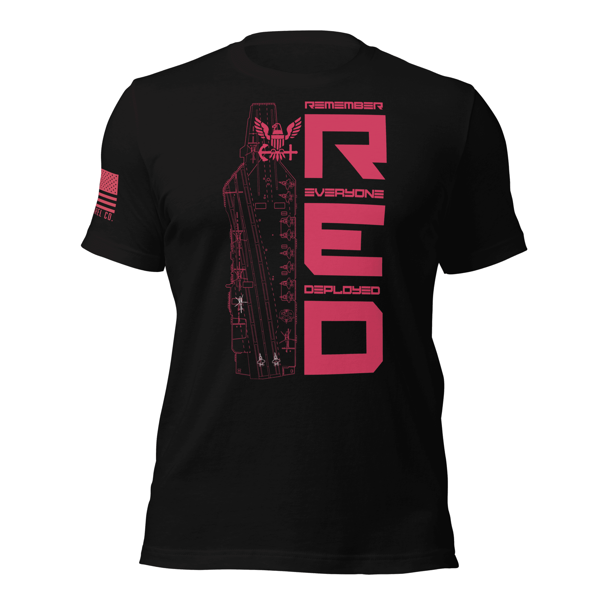 Black “Remember Everyone Deployed R.E.D.” Navy T-shirt front with red vertical R.E.D. graphic