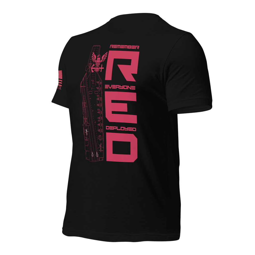 Angled front left view of black Navy R.E.D. T-shirt with patriotic red graphic