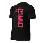 Angled front left view of black Navy R.E.D. T-shirt with patriotic red graphic