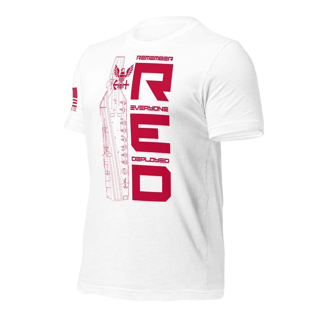 Angled front left of white Navy R.E.D. T-shirt with bold red patriotic text