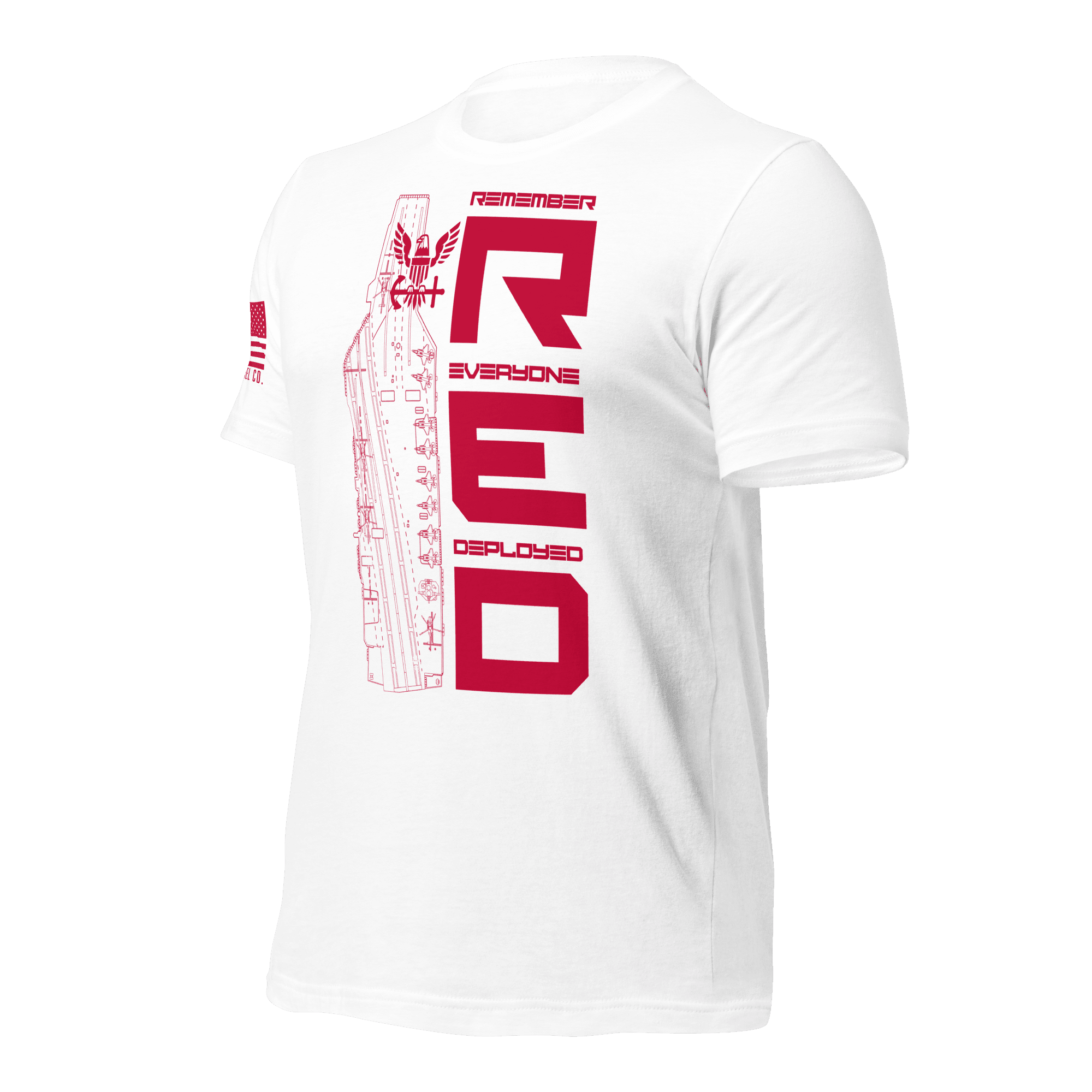 Angled front left of white Navy R.E.D. T-shirt with bold red patriotic text
