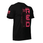 Angled front right view of black Navy R.E.D. T-shirt with ship silhouette